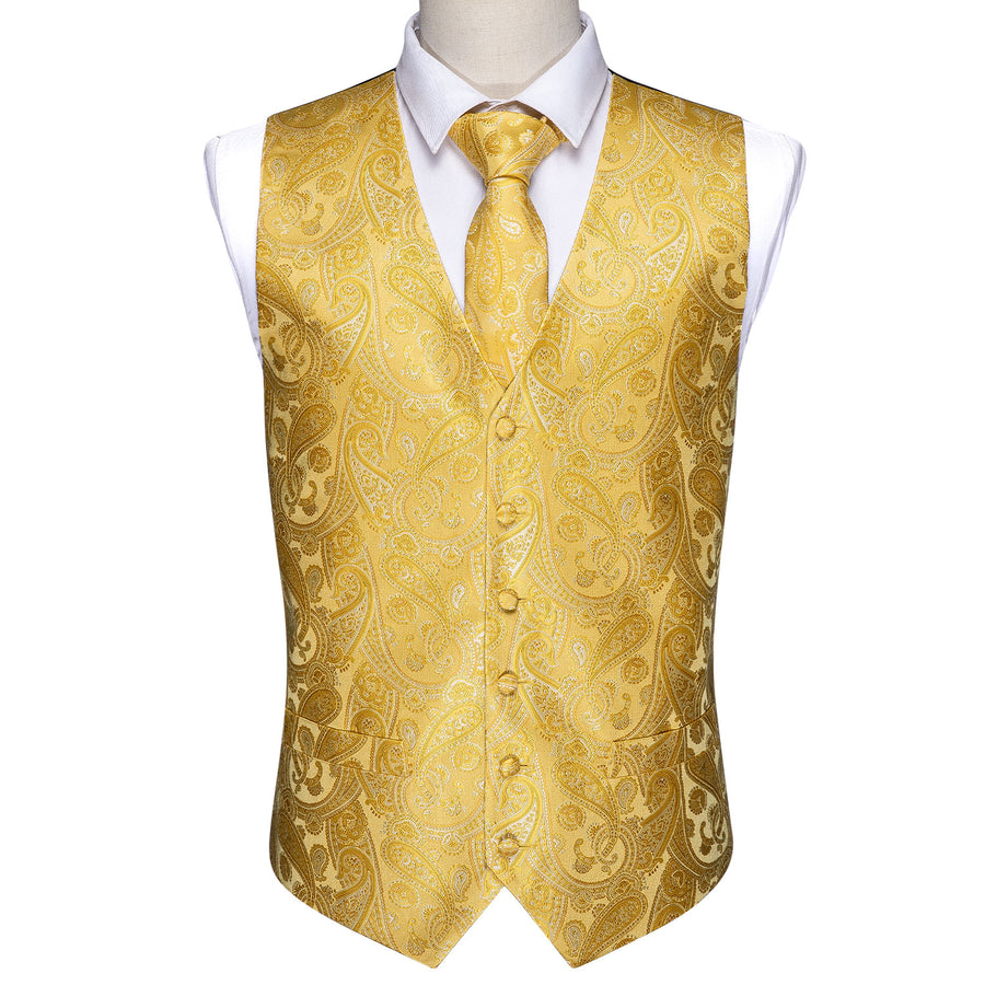 New Golden Yellow Paisley Silk Vest Set vest set    - Sophisticated Gentlemen