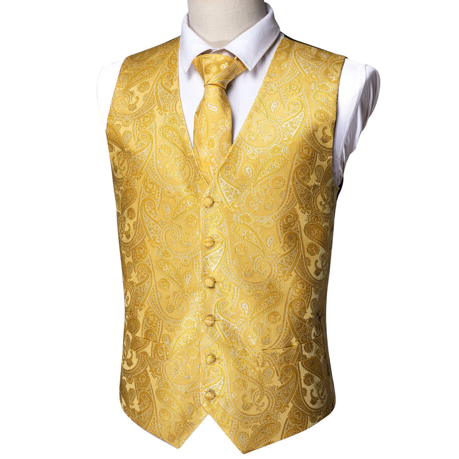 New Golden Yellow Paisley Silk Vest Set vest set    - Sophisticated Gentlemen