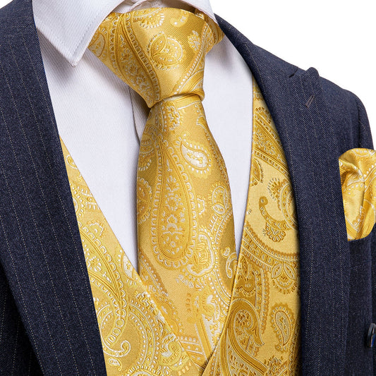 New Golden Yellow Paisley Silk Vest Set vest set S (Chest 40")   - Sophisticated Gentlemen