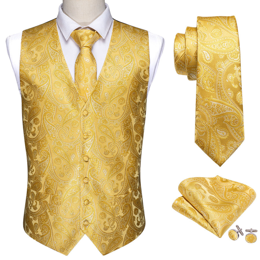 New Golden Yellow Paisley Silk Vest Set vest set    - Sophisticated Gentlemen