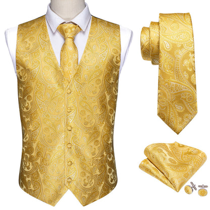 New Golden Yellow Paisley Silk Vest Set vest set    - Sophisticated Gentlemen