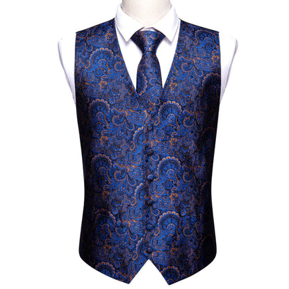 Shining Blue Floral Silk Vest Set vest set    - Sophisticated Gentlemen