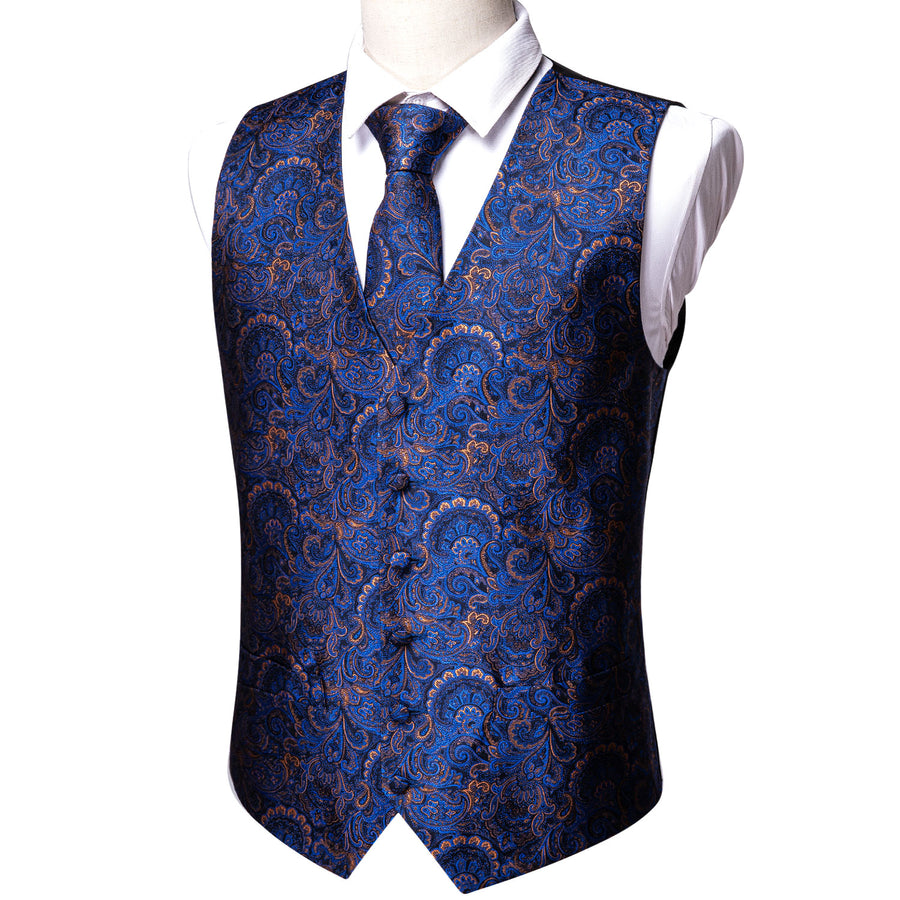 Shining Blue Floral Silk Vest Set vest set    - Sophisticated Gentlemen