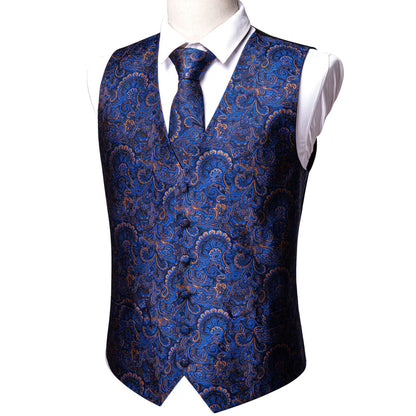 Shining Blue Floral Silk Vest Set vest set    - Sophisticated Gentlemen