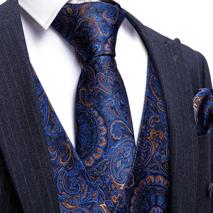 Shining Blue Floral Silk Vest Set vest set S (Chest 40")   - Sophisticated Gentlemen