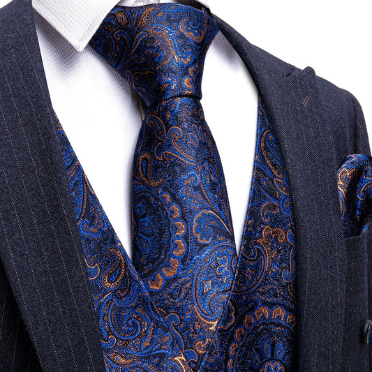 Shining Blue Floral Silk Vest Set vest set S (Chest 40")   - Sophisticated Gentlemen
