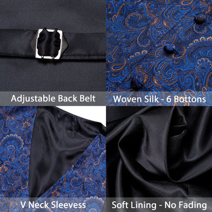 Shining Blue Floral Silk Vest Set vest set    - Sophisticated Gentlemen
