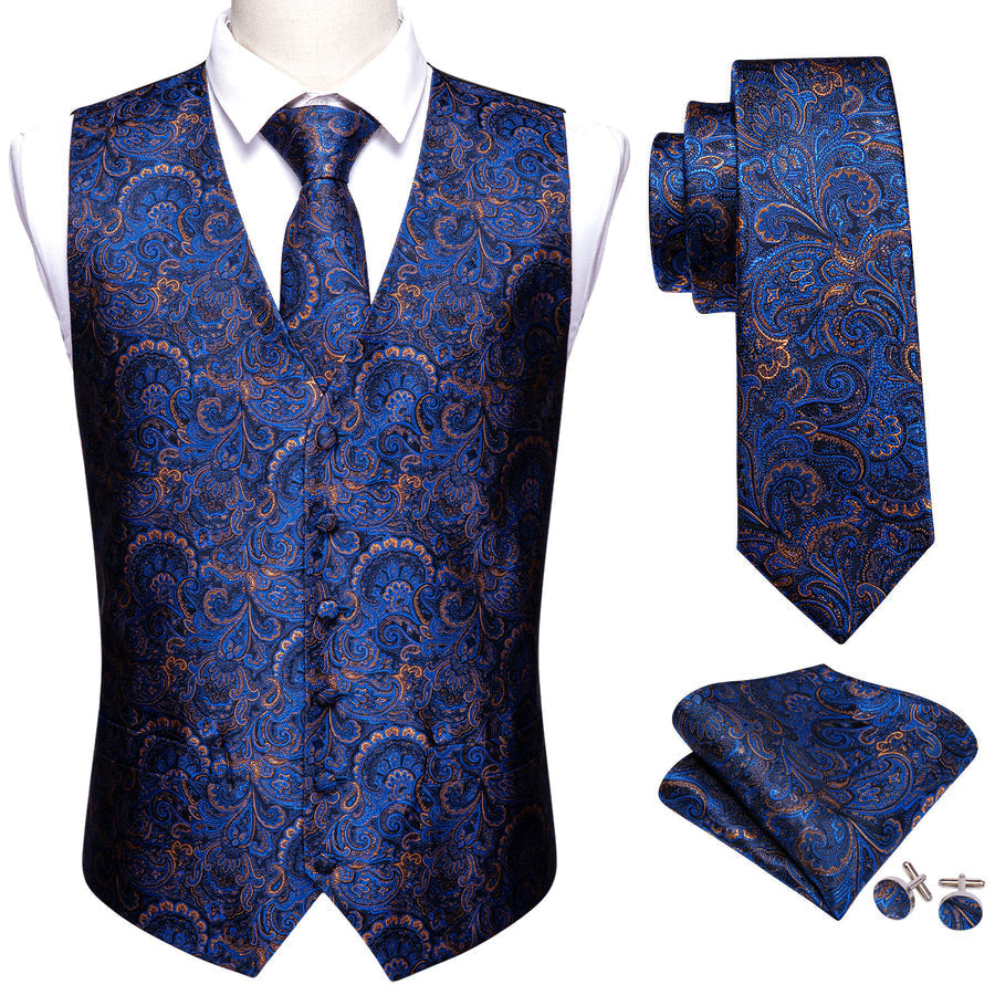 Shining Blue Floral Silk Vest Set vest set    - Sophisticated Gentlemen