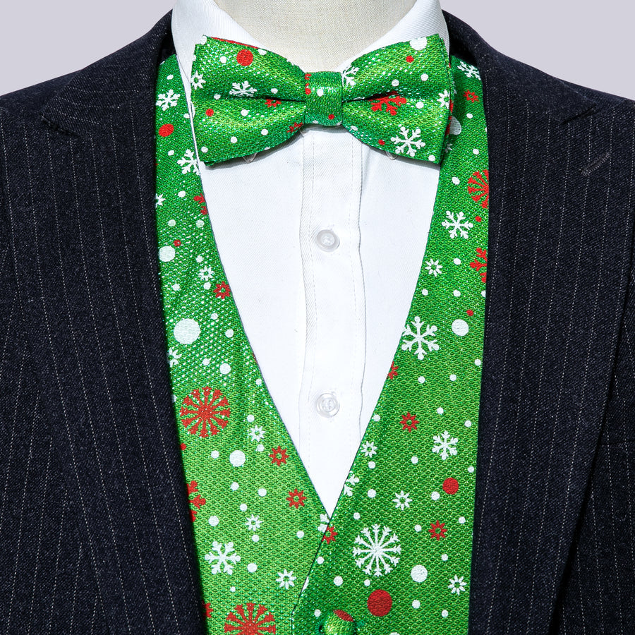 Christmas Green Snow Novelty Silk Men's Bowtie Vest Set vest set    - Sophisticated Gentlemen