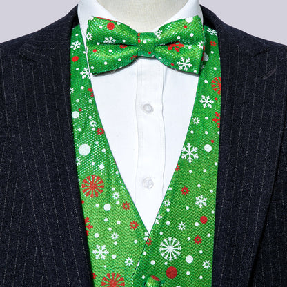Christmas Green Snow Novelty Silk Men's Bowtie Vest Set vest set    - Sophisticated Gentlemen