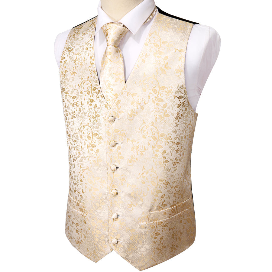 Classic Champagne Floral Jacquard Silk Vest Set vest set    - Sophisticated Gentlemen
