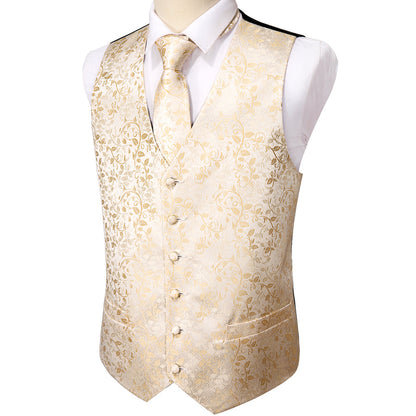 Classic Champagne Floral Jacquard Silk Vest Set vest set    - Sophisticated Gentlemen
