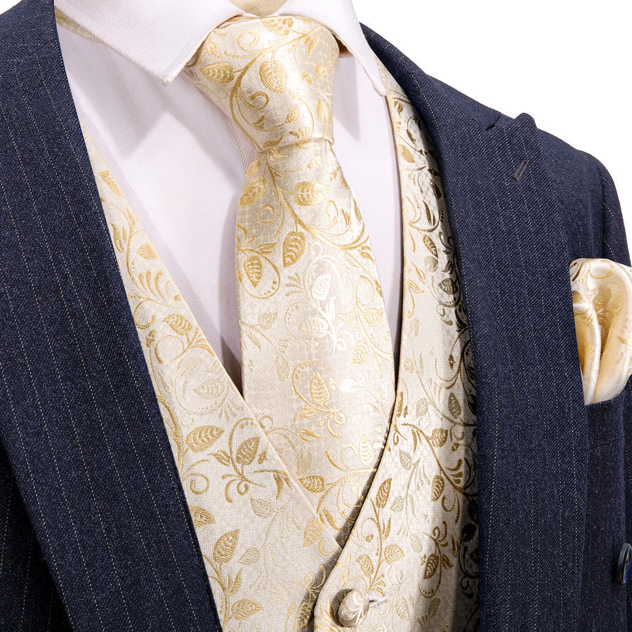 Classic Champagne Floral Jacquard Silk Vest Set vest set S (Chest 40")   - Sophisticated Gentlemen