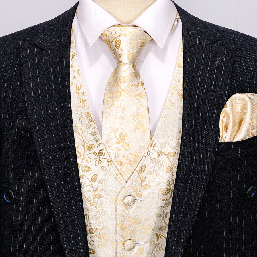 Classic Champagne Floral Jacquard Silk Vest Set vest set    - Sophisticated Gentlemen