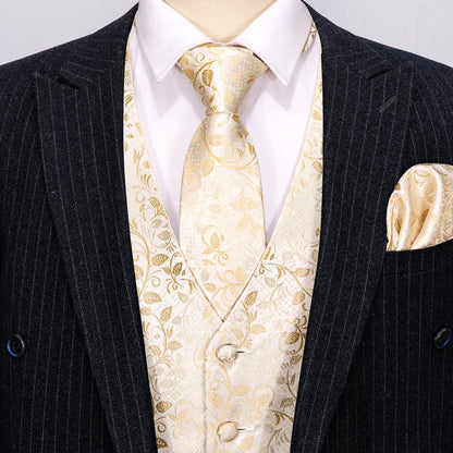 Classic Champagne Floral Jacquard Silk Vest Set vest set    - Sophisticated Gentlemen