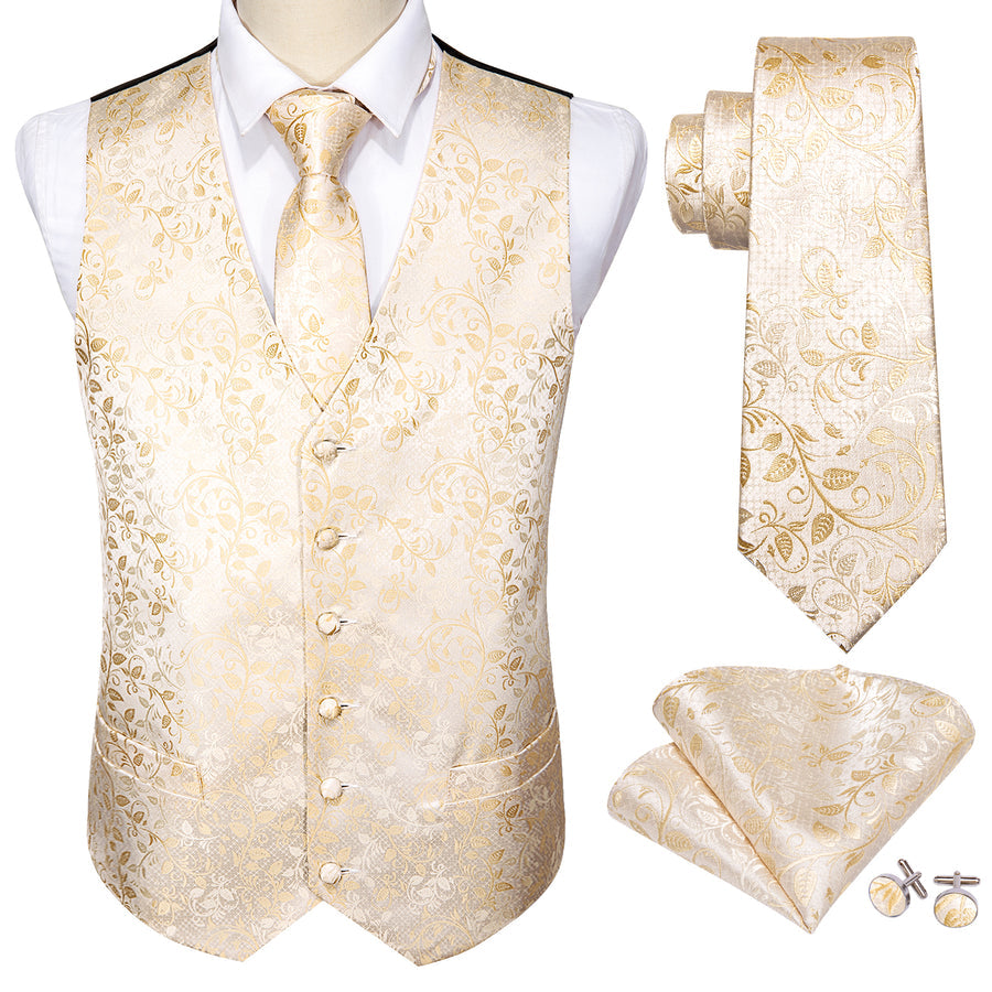 Classic Champagne Floral Jacquard Silk Vest Set vest set    - Sophisticated Gentlemen