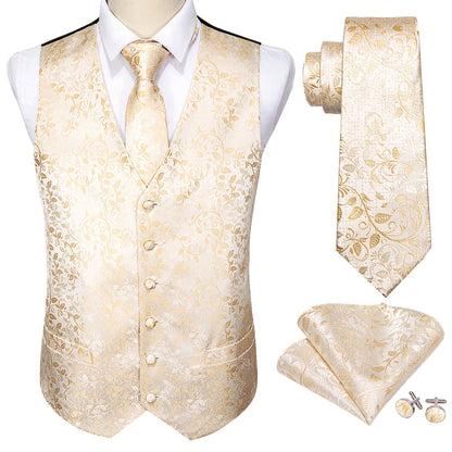 Classic Champagne Floral Jacquard Silk Vest Set vest set    - Sophisticated Gentlemen