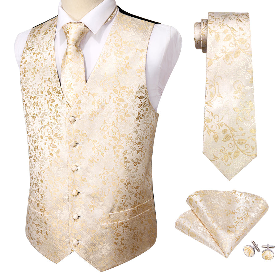 Classic Champagne Floral Jacquard Silk Vest Set vest set    - Sophisticated Gentlemen