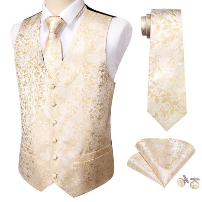 Classic Champagne Floral Jacquard Silk Vest Set vest set    - Sophisticated Gentlemen