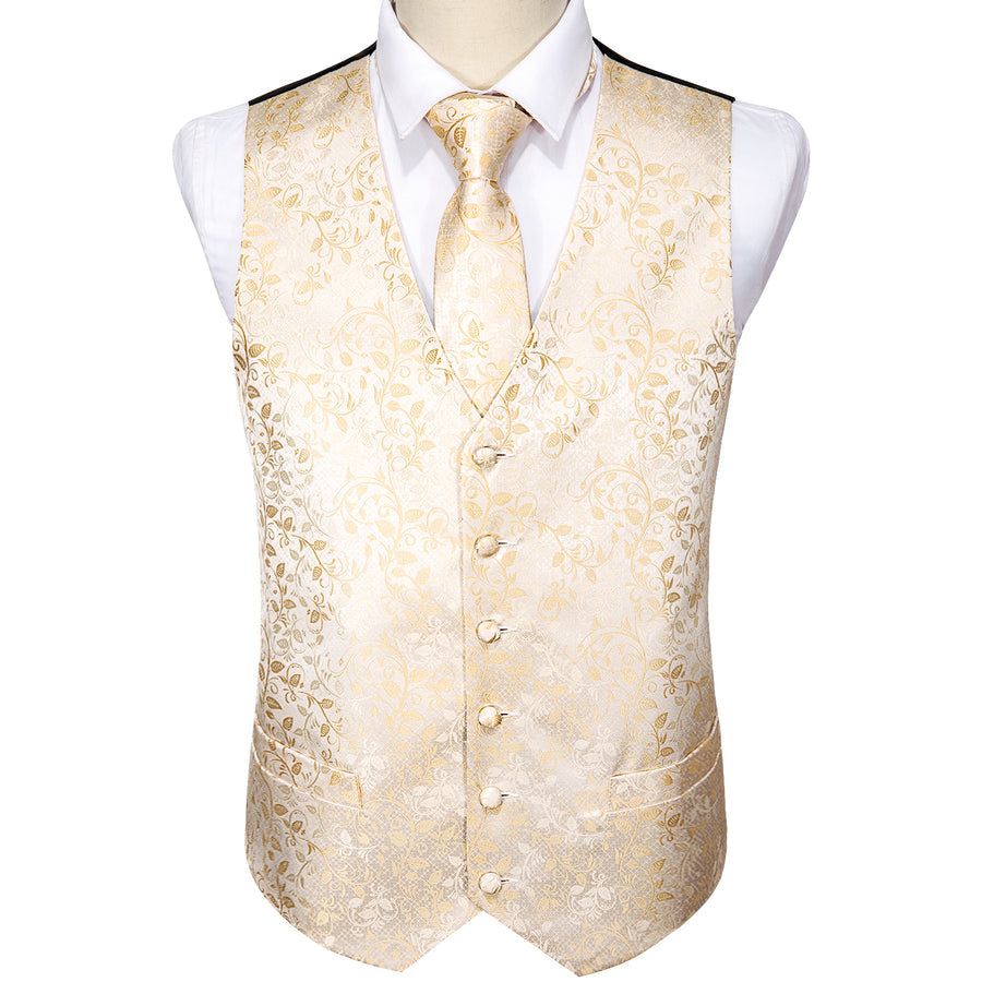 Classic Champagne Floral Jacquard Silk Vest Set vest set    - Sophisticated Gentlemen