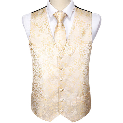 Classic Champagne Floral Jacquard Silk Vest Set vest set    - Sophisticated Gentlemen