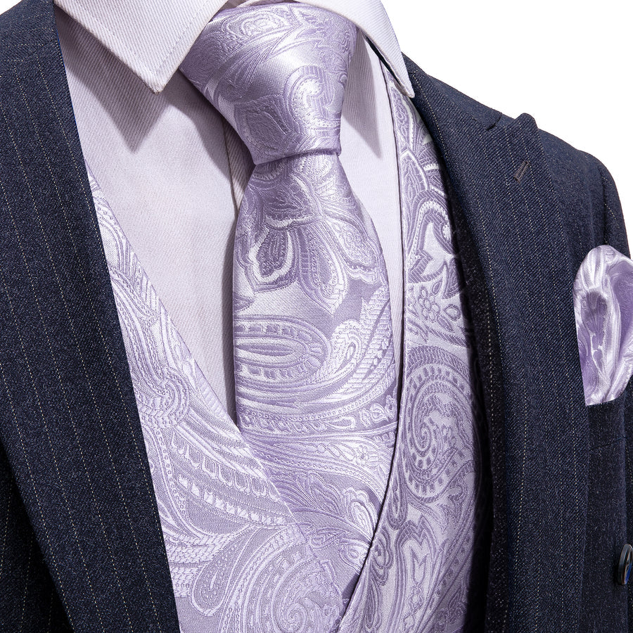 Light Purple Paisley Silk Vest Set vest set S (Chest 40")   - Sophisticated Gentlemen
