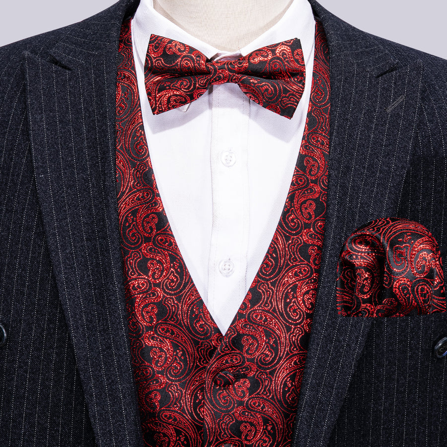 New Shining Red Paisley Silk Vest Set vest set    - Sophisticated Gentlemen