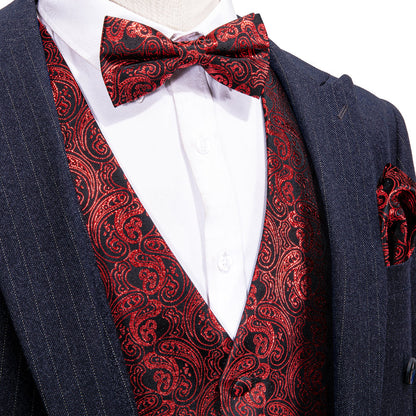 New Shining Red Paisley Silk Vest Set vest set S (Chest 40")   - Sophisticated Gentlemen