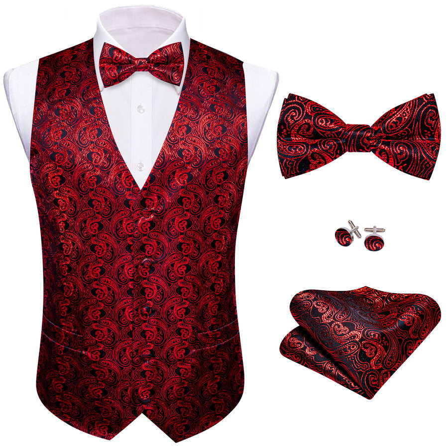 New Shining Red Paisley Silk Vest Set vest set    - Sophisticated Gentlemen