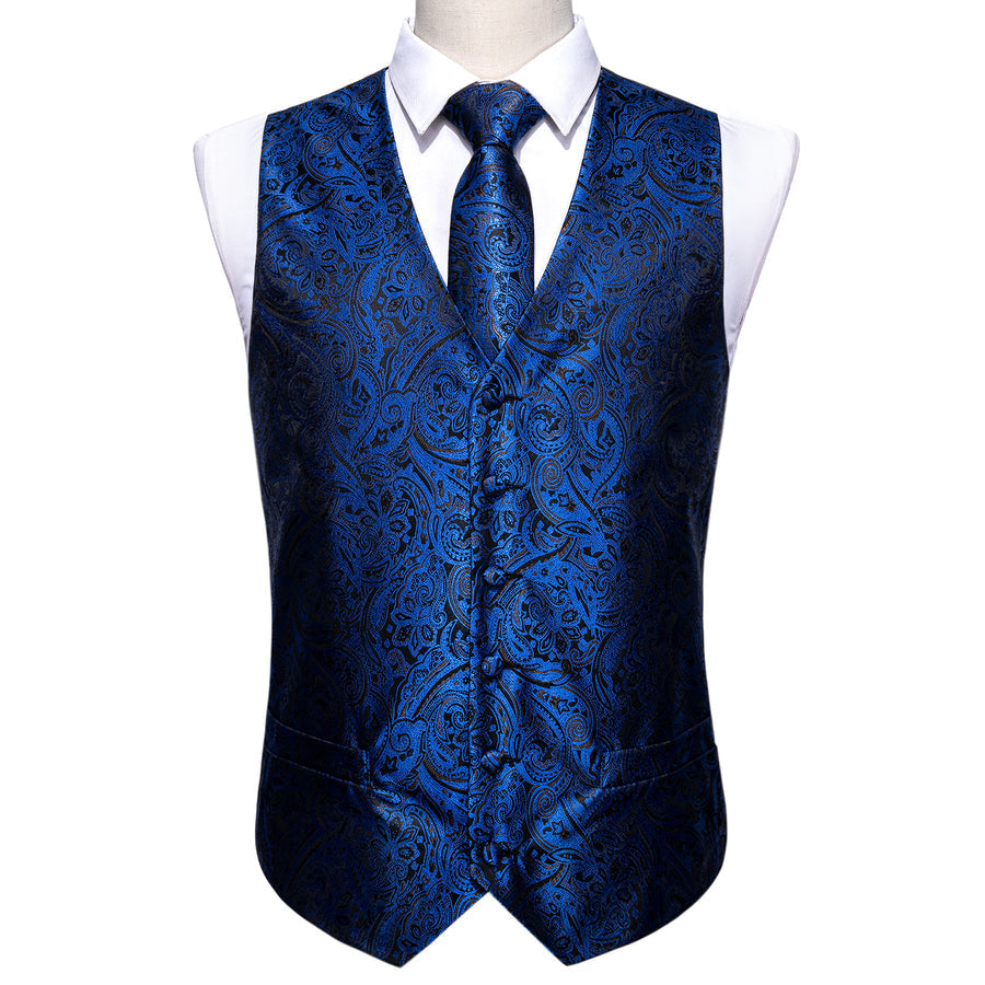 Navy Blue Paisley Silk 4-Piece Vest Set vest set    - Sophisticated Gentlemen