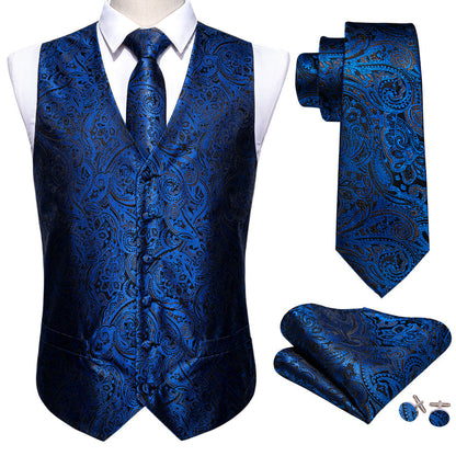 Navy Blue Paisley Silk 4-Piece Vest Set vest set    - Sophisticated Gentlemen
