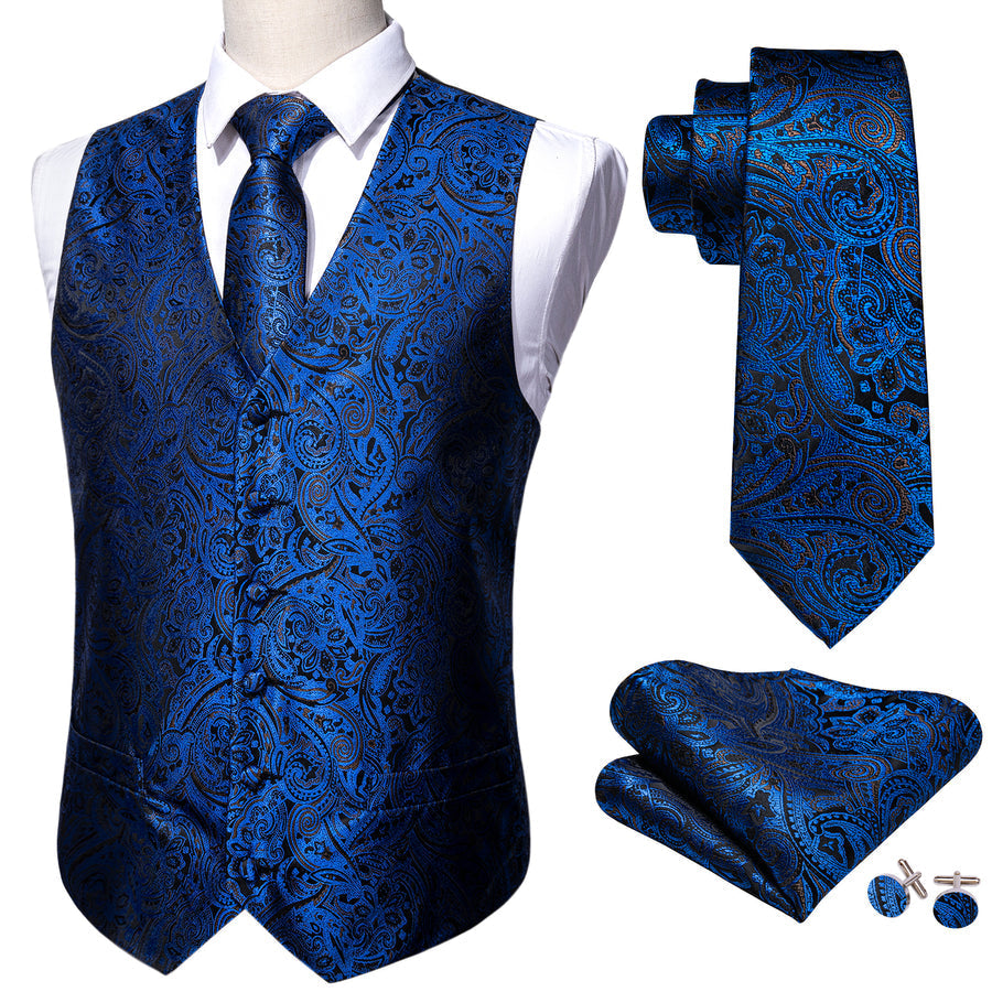 Navy Blue Paisley Silk 4-Piece Vest Set vest set    - Sophisticated Gentlemen