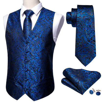 Navy Blue Paisley Silk 4-Piece Vest Set vest set    - Sophisticated Gentlemen