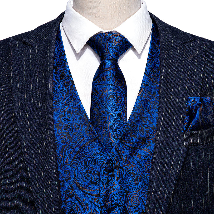 Navy Blue Paisley Silk 4-Piece Vest Set vest set    - Sophisticated Gentlemen
