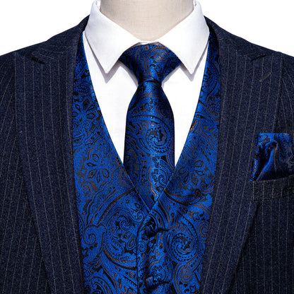 Navy Blue Paisley Silk 4-Piece Vest Set vest set    - Sophisticated Gentlemen
