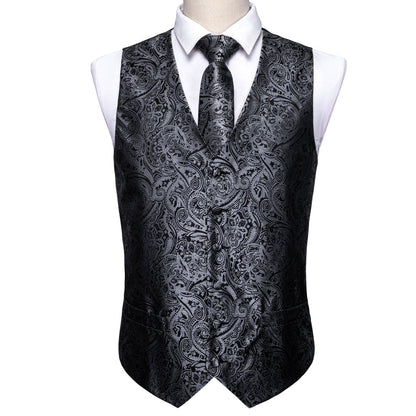 New Silver and Black Paisley Vest Set vest set    - Sophisticated Gentlemen