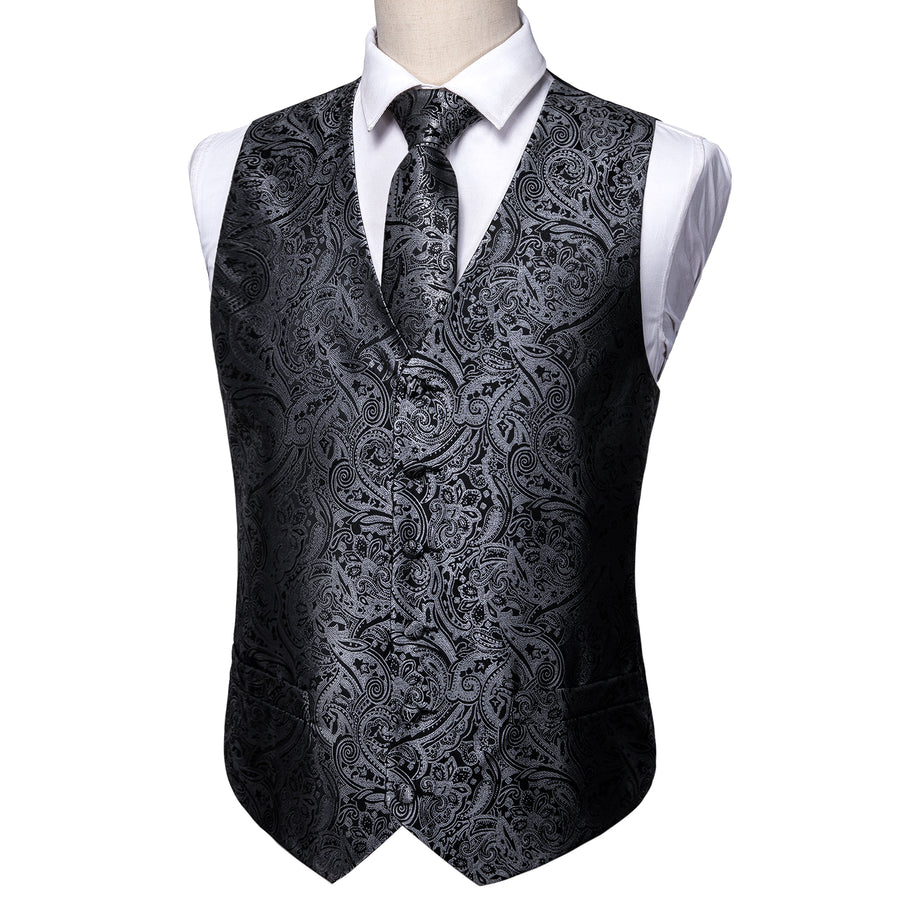 New Silver and Black Paisley Vest Set vest set    - Sophisticated Gentlemen