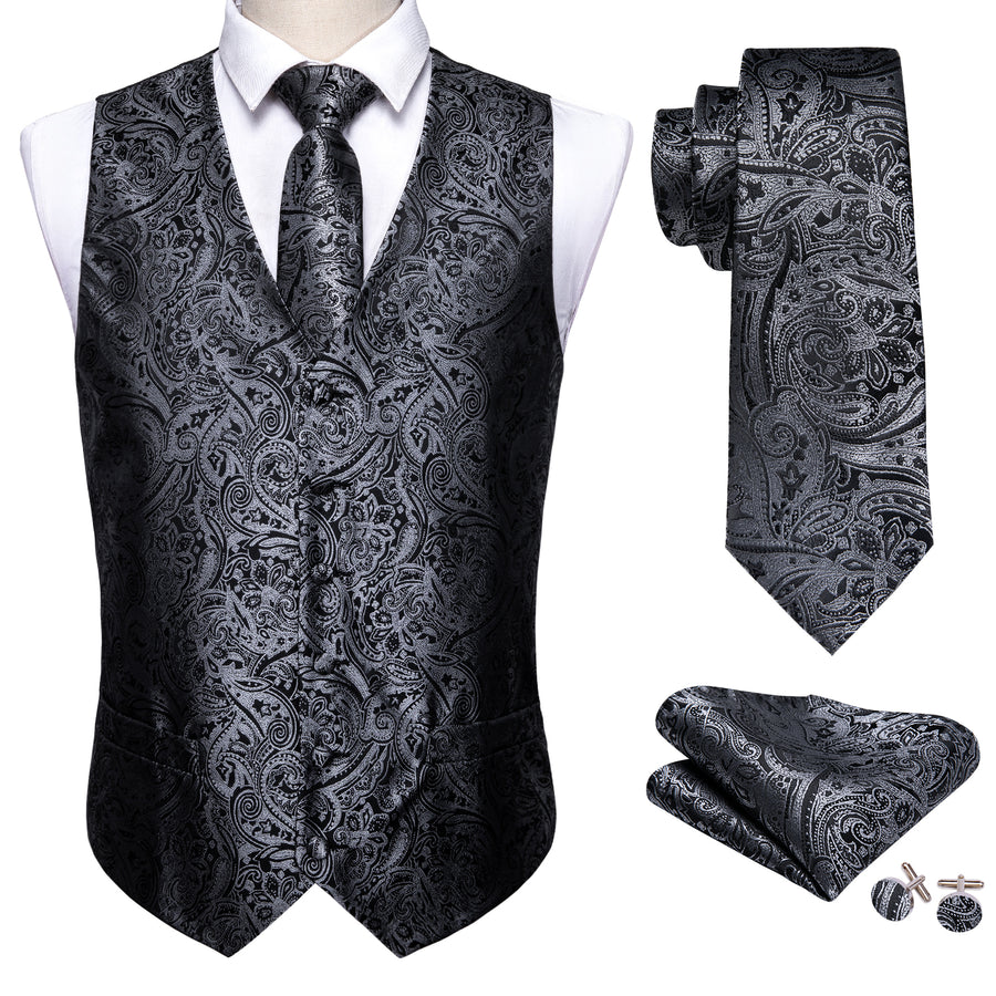New Silver and Black Paisley Vest Set vest set    - Sophisticated Gentlemen