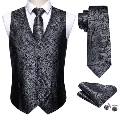 New Silver and Black Paisley Vest Set vest set    - Sophisticated Gentlemen