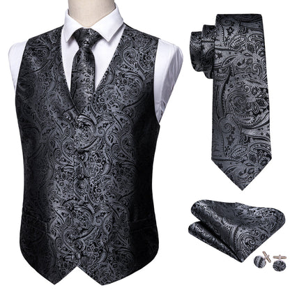 New Silver and Black Paisley Vest Set vest set    - Sophisticated Gentlemen