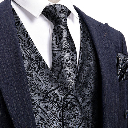 New Silver and Black Paisley Vest Set vest set S (Chest 40")   - Sophisticated Gentlemen