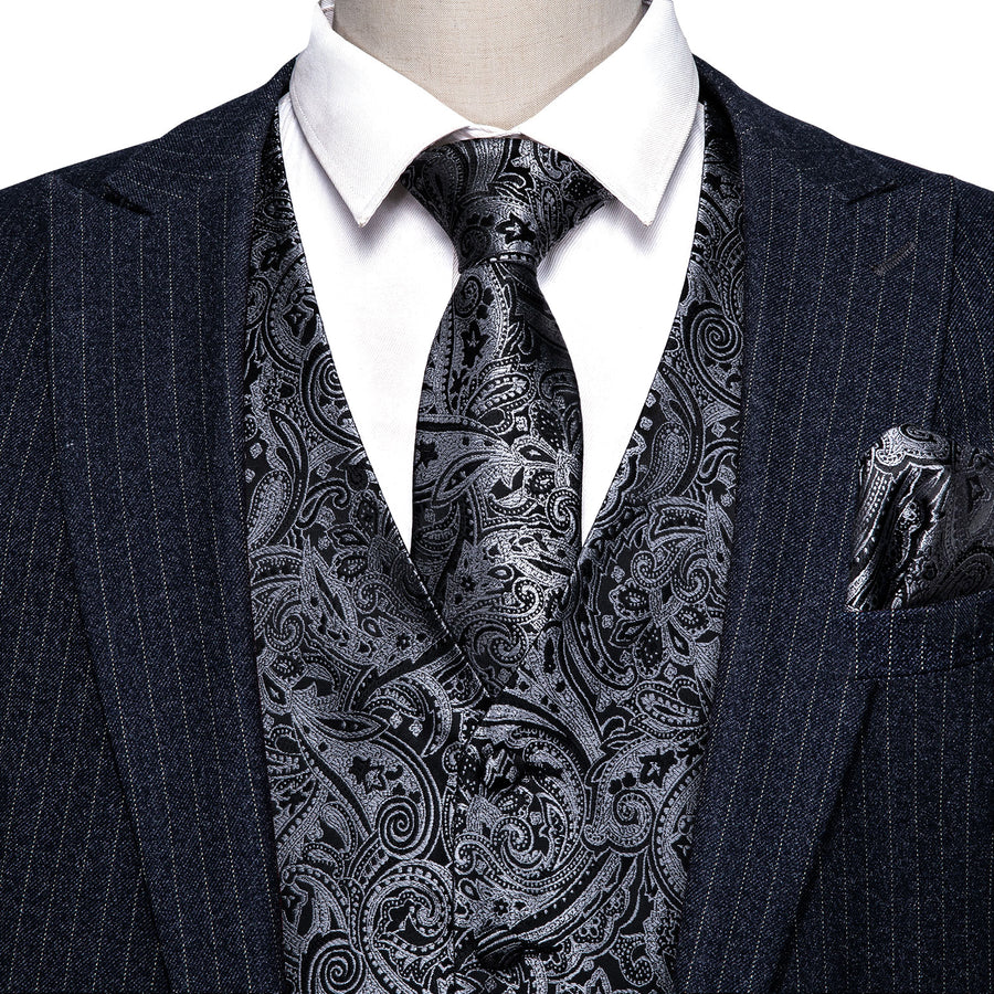 New Silver and Black Paisley Vest Set vest set    - Sophisticated Gentlemen