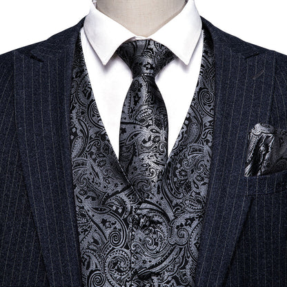 New Silver and Black Paisley Vest Set vest set    - Sophisticated Gentlemen