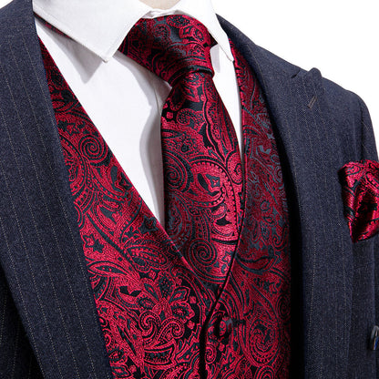 Red and Black Paisley Vest Set vest set S (Chest 40")   - Sophisticated Gentlemen