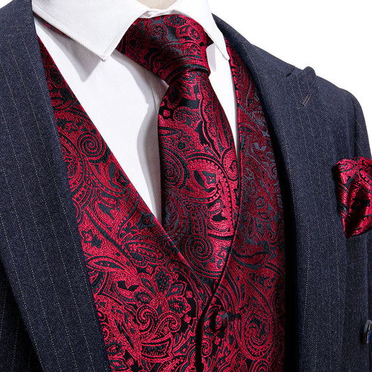 Red and Black Paisley Vest Set vest set S (Chest 40")   - Sophisticated Gentlemen