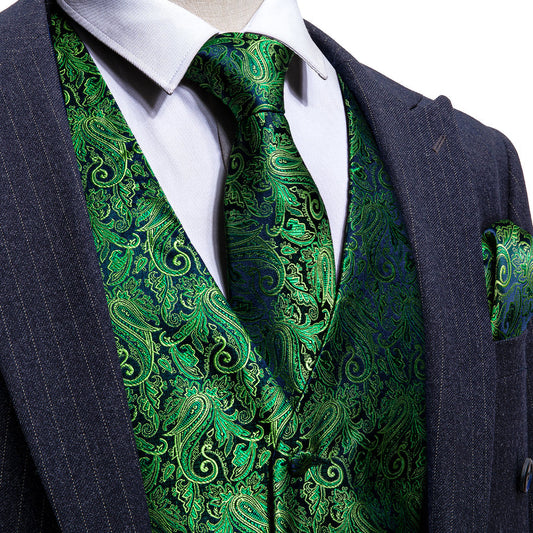 Blue Green Paisley Jacquard Silk Vest Set vest set S (Chest 40")   - Sophisticated Gentlemen