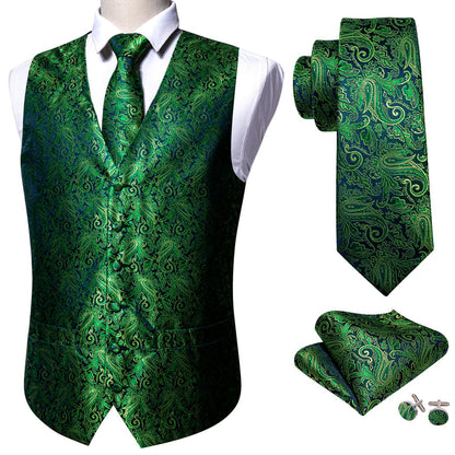 Blue Green Paisley Jacquard Silk Vest Set vest set    - Sophisticated Gentlemen