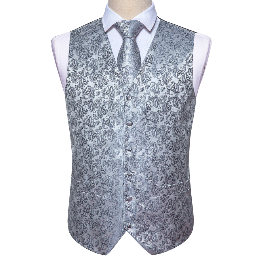 Silver Grey Paisley Jacquard Silk Vest Set vest set    - Sophisticated Gentlemen