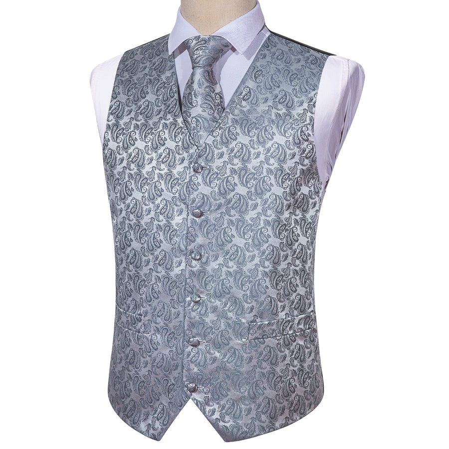 Silver Grey Paisley Jacquard Silk Vest Set vest set    - Sophisticated Gentlemen