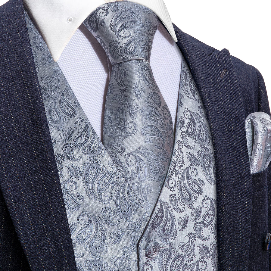 Silver Grey Paisley Jacquard Silk Vest Set vest set S (Chest 40")   - Sophisticated Gentlemen